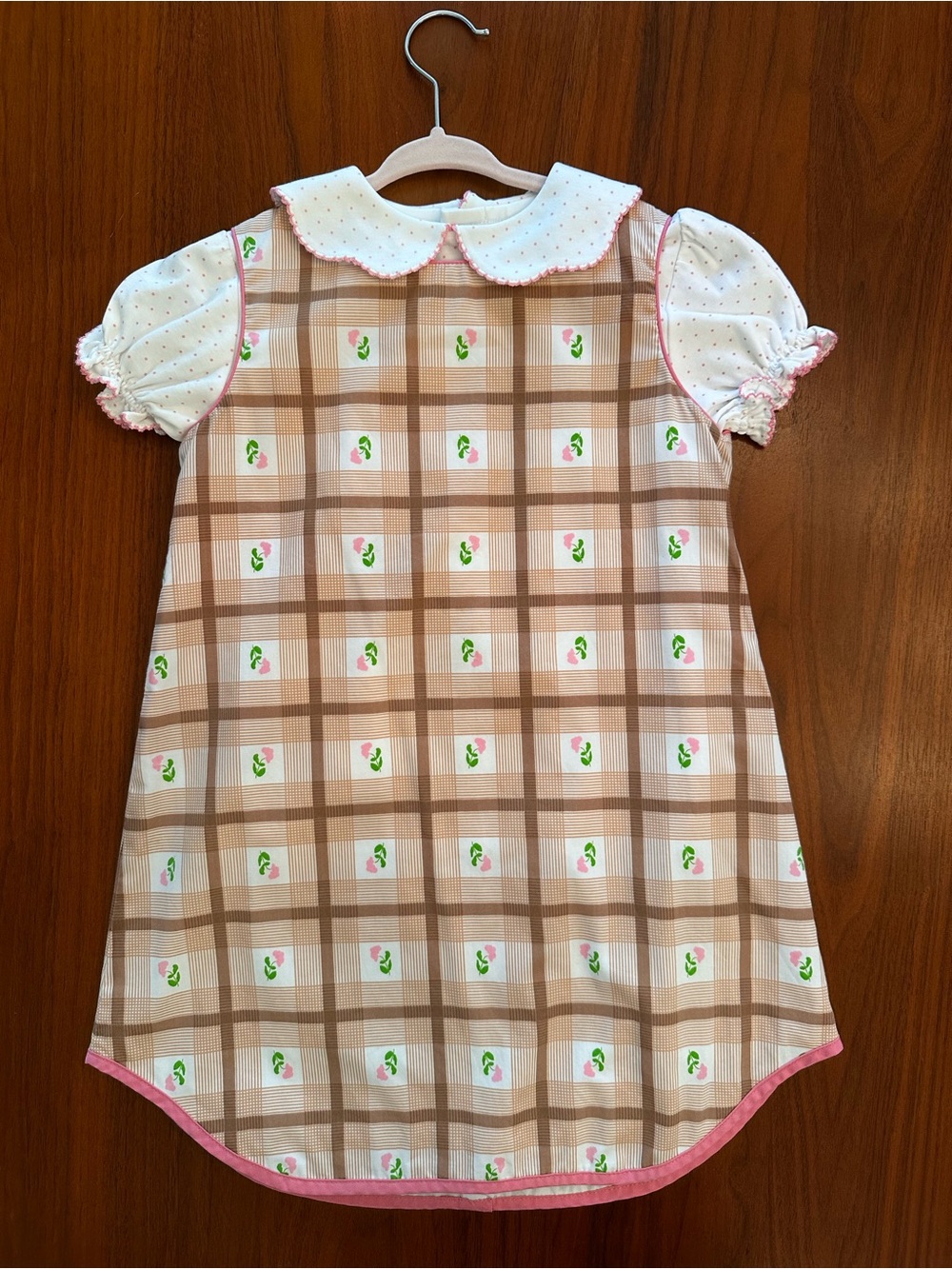 TBBC Annie Apron jumper dress Plaid Pink Trim Dress with White blouse